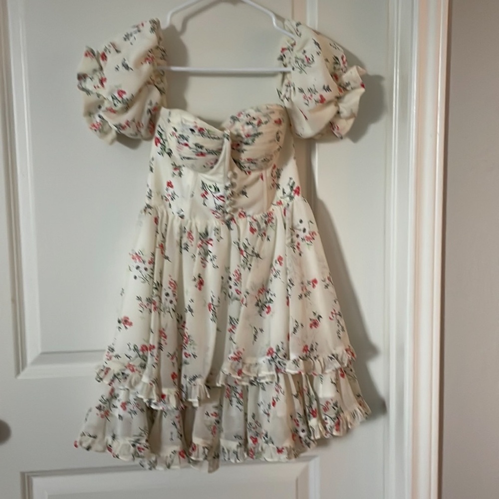 Cream and Pink Puff Sleeve Sundress with Sweetheart Neckline